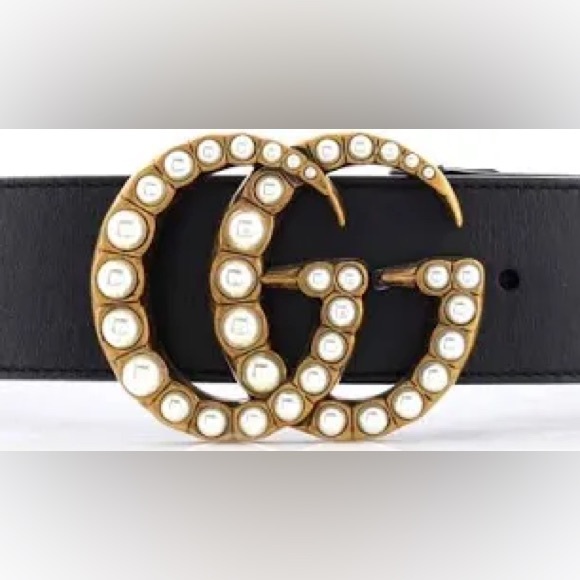 GUCCI Pearly GG Marmont Belt Leather Wide 90 Black - Picture 3 of 7
